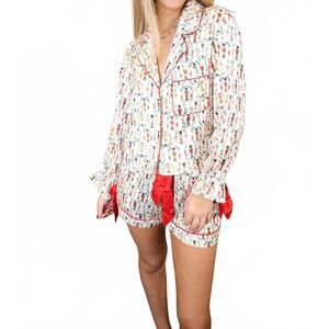 NEW PEACH LOVE satin nutcracker pajama set in white multi